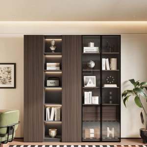 Système de bibliothèque murale modulaire intégré de luxe, design minimaliste avec étagères d'exposition ouvertes, étagères éclairées par LED, rangement caché - Product Image 2