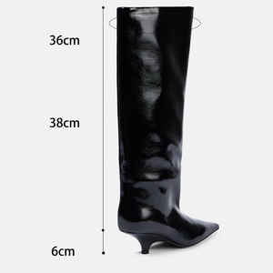 Wide Fit Women's Knee High <b>Boots</b> Ladies Big Size 46 Low Spike Heels Shoes Pointed Toe on Solid Long Booties - Product Image 5