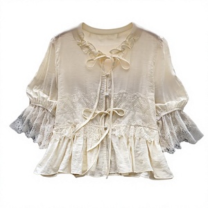 Blusa de Lino Crema para Mujer con Cuello con Volantes, Mangas Abullonadas, Capa Transparente, Estilo Dulce, Primavera Verano, Corte Holgado - Product Image 2