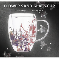 Gelas Air Kaca Pasir Berinsulasi Universal dengan Gagang Bunga Asli Dua Lapis, Tahan Panas untuk Kopi & Minuman