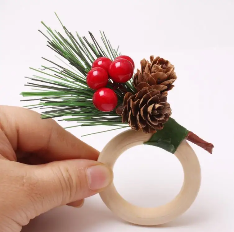 Christmas Table Decoration Ornaments Pine Cone Napkin Holder Ring Bell Cedar Napkin-Buckle Wooden Napkin Rings