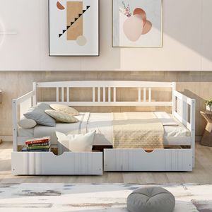 Sofá Cama de Madera Maciza Blanca con Almacenamiento, Cajones Dobles y Barandillas para Niños, Adultos y Ancianos - Product Image 1