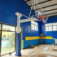 Support de basketball en métal robuste fixe au sol avec panneau arrière en verre trempé et anneau détachable pour compétition en stade intérieur/extérieur