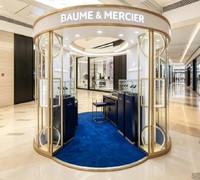 Vitrine LED Circulaire Bleue et Dorée de Luxe pour Montres – Présentoir Pop-Up pour Marques de Montres de Luxe – Dimensions Personnalisables