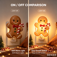 Lámpara Nocturna LED con Forma de Hombre de Jengibre Navideño, Lámpara de Pared con Forma de Galleta, Luz Cálida Suave, Iluminación Decorativa, Decoración Navideña para el Hogar