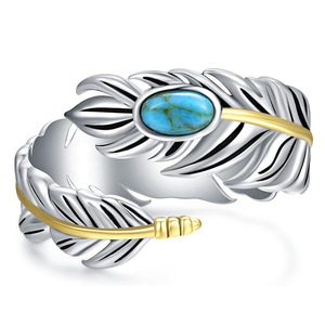 Anello Vintage con Piuma e Pietra Turchese per Donne, Gioiello da Dito alla Moda - Product Image 1