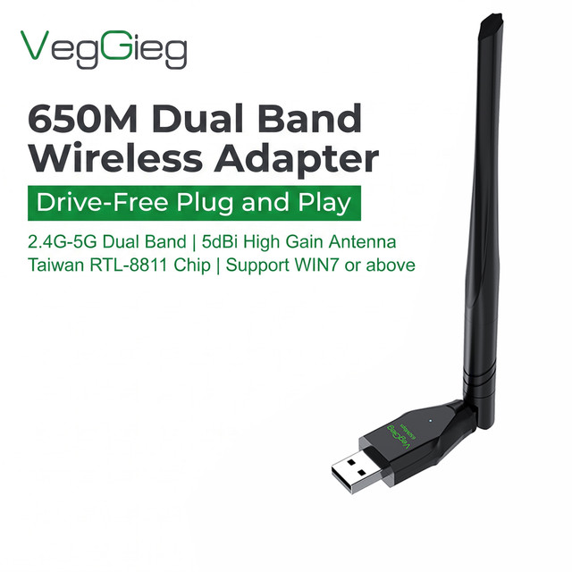 VegGieg 650Mbps Dual Band USB WiFi Adapter Driver Free 2.4G 5G 5dBi High Gain Antenna RTL8811 Wireless Dongle for PC Laptop