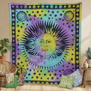 Indian Sun Moon Hippie Mandala Colgante de pared Tapiz gitano Aubusson Impreso Interior Cama Decorativo Étnico Arte de la pared al por mayor - Product Image 1