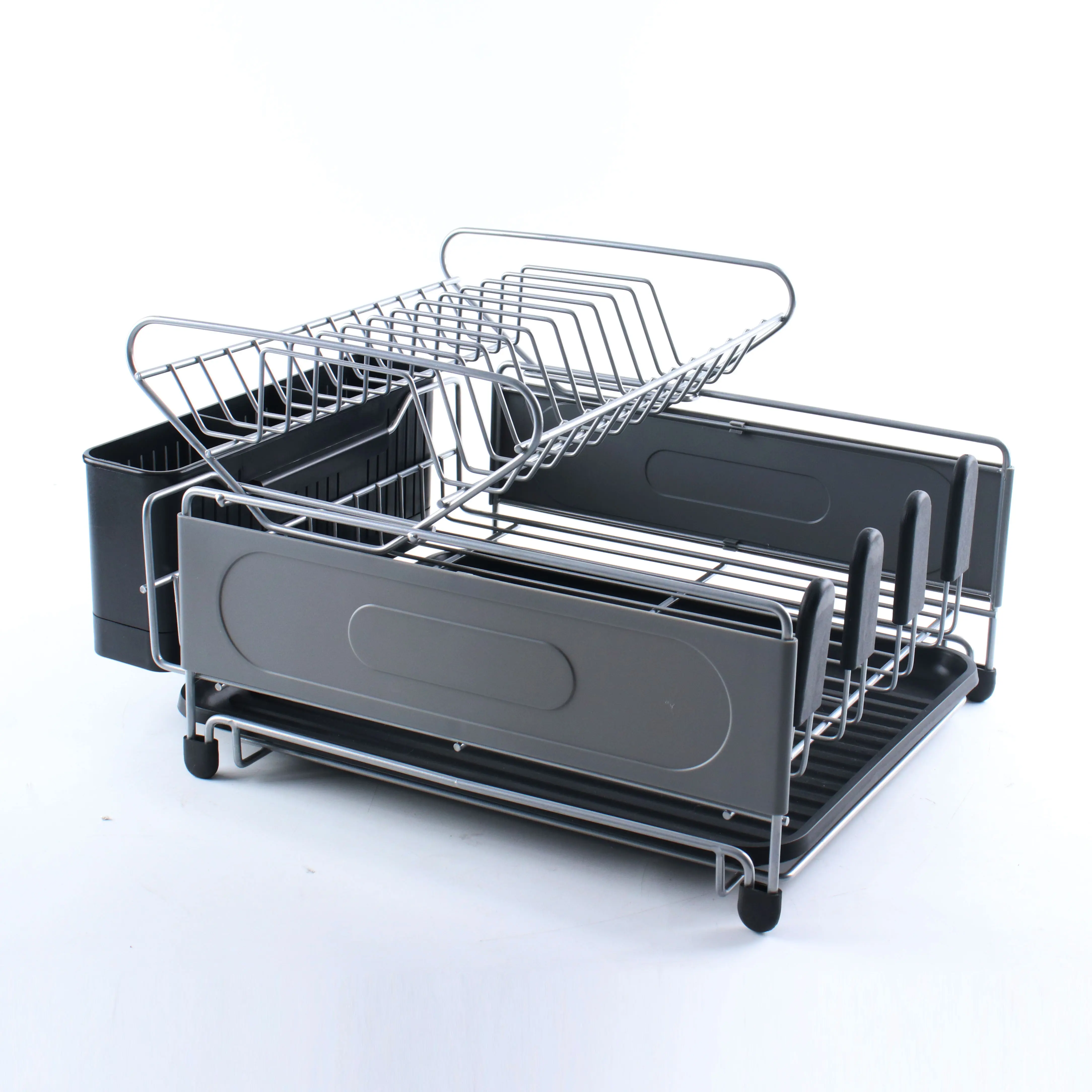 Strong And Functional Powder Coating 2 Tier Dish Drying Rack With Cutlery Drainer For Kitchen Counter