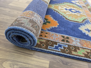 Tapis de salon bleu tribal noué à la main 8x10 • Tapis oriental en laine 9x12 • Tapis géométrique - Product Image 3