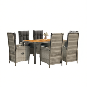 Conjunto de Comedor de Jardín de Ratán Gris para 6 Personas, Mesa de Teca Resistente a la Intemperie, Muebles de Exterior de Estilo Contemporáneo - Product Image 1
