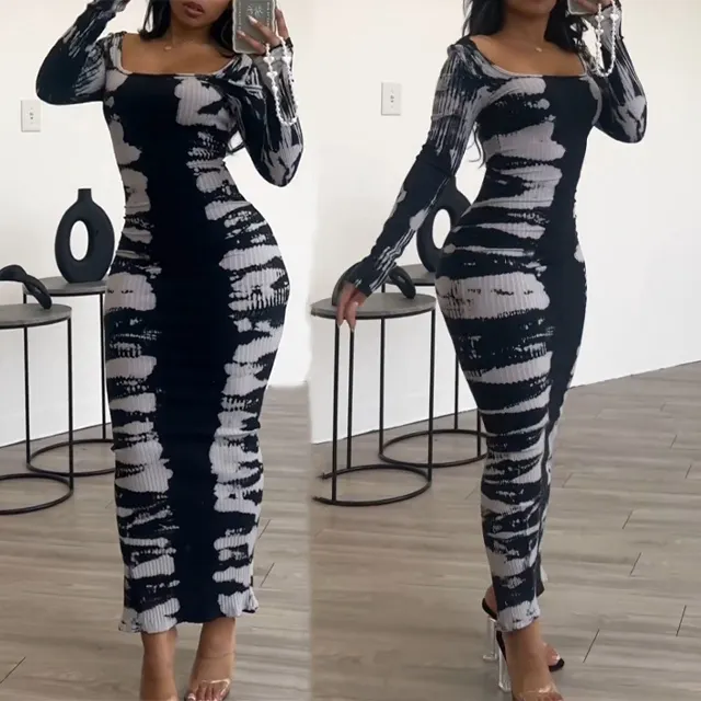 GX3136 Fashion 2024 Spring Women Clothing Boutique Bodycon Sexy Printed Elegant Dress Long Sleeve Casual Maxi Dresses