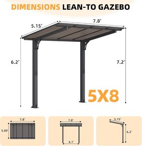 Gazebo para Exteriores de 8' x 5' con Techo Rígido, Pérgola Independiente para Patio, Gazebo Pequeño de Pared con Toldos Resistentes - Product Image 2