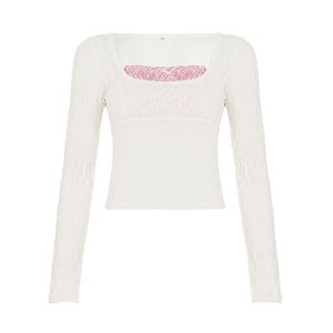 Blusa de Mujer con Encaje de Imitación, Transpirable, Tejida, con Estampado Digital, Corte Regular, Estilo Dulce, Manga Larga, Estética Y2K - Product Image 6