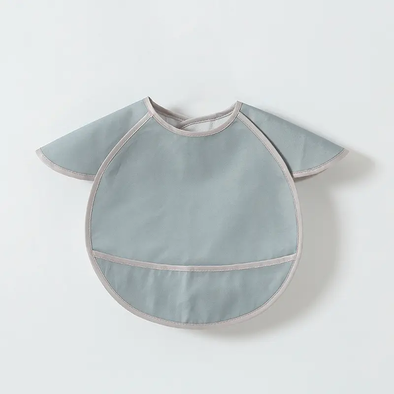Custom Printed Baby Bib Waterproof Solid Print PU Feeding Bib with Pocket Short Sleeve Child Apron Smock