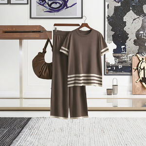 Women's Casual Summer High Waist Slim 2-Piece <b>Knitting</b> Pants Set <b>Short</b> <b>Sleeve</b> Knitwear <b>Top</b> Contrast Stripe-Comfortable Stylish - Product Image 2