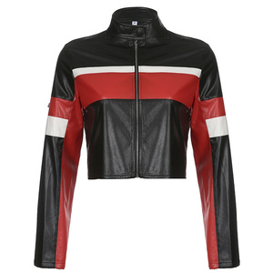 Herbst New Fashion Streetwear PU Leder Motorrad Color Blocking Patchwork Langarm Crop Bomber Jacke Frauen - Product Image 6