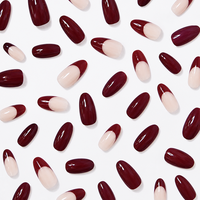 Faux ongles amande bicolores bordeaux nude, à pression, couvrance totale, pour usage quotidien