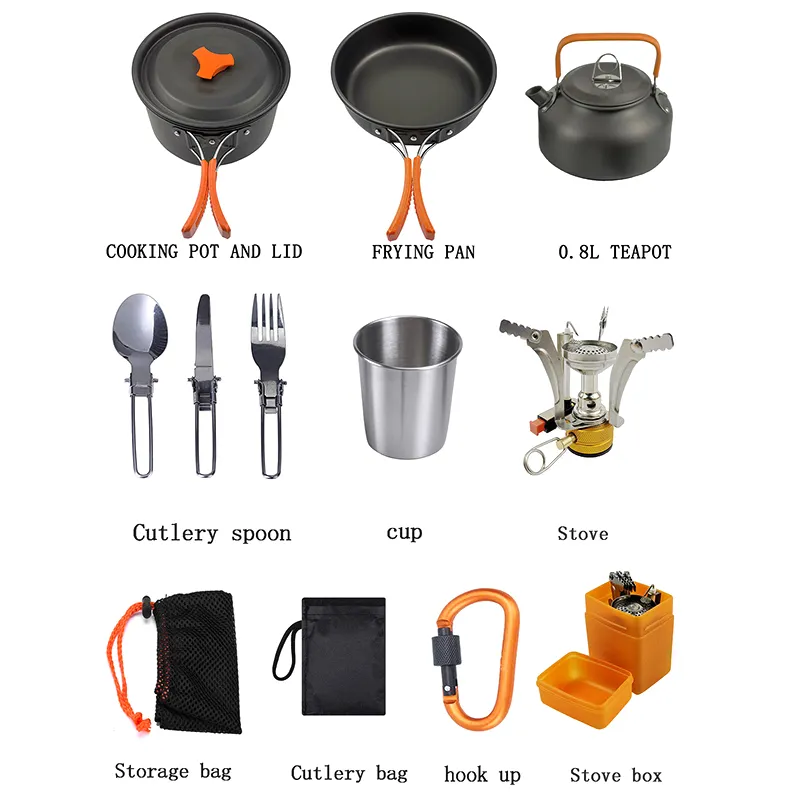 Sartén para cocina, tetera, tenedor, cuchara, taza de agua de acero inoxidable, Kit de estufa de Picnic para acampar, 10 en 1