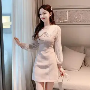 YiXin Korean Dresses Women Autumn WinterLong Sleeve V Neck A Line Chiffon Elegant Midi Korean Dresses New Fashion Lady Dress