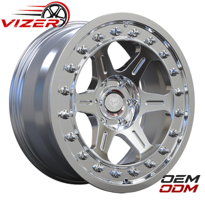 Ruedas de Repuesto <span class=keywords><strong>Vizer</strong></span> de 16-18 Pulgadas, 8.5J 9J, Todoterreno, Aleación de Aluminio 6061 T6, Superficie Plateada Brillante Mecanizada, Estilo Beadlock - Product Image 1