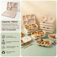 Groothandel 1200ml 5-delige biologisch afbreekbare bento box van maïszetmeel met deksel, lekvrij, magnetronbestendig, ecologisch, voor maaltijdvoorbereiding, brood en voedsel.