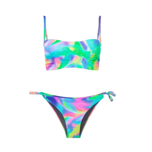 Conjunto de bikini HDJ con estampado Tie Dye, top multicolor con tiras y lazo lateral, traje de baño, ropa de playa - Product Image 2