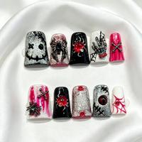 Faux Ongles Press-On Faits Main, Thème Halloween : Crâne, Squelette, Toile d'Araignée, Gothique, Couverture Complète, Breloques 3D, Lot de 10 Pièces
