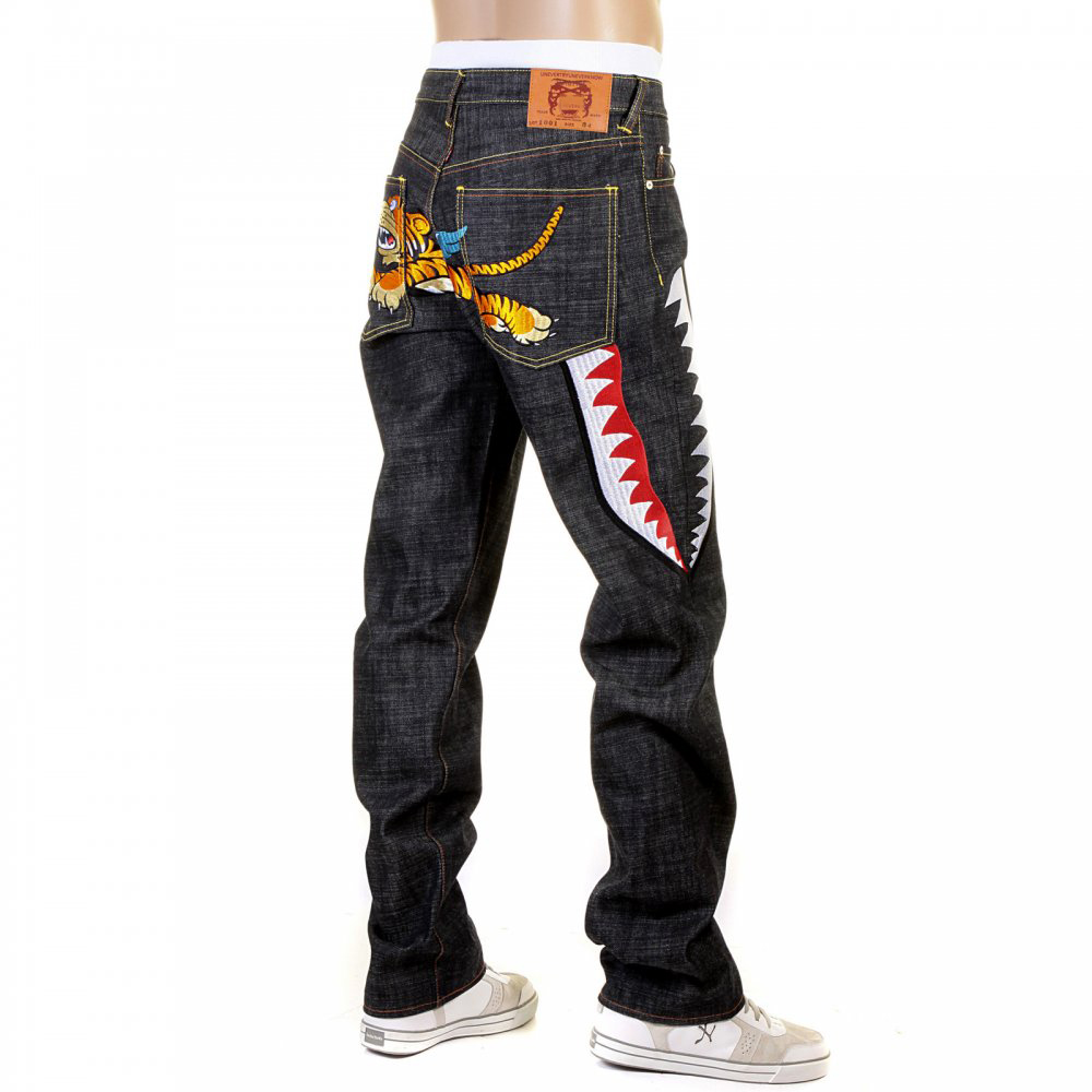 Mens straight leg Japanese raw selvedge denim jeans with custom high quality embroidery pattern