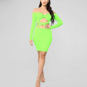 Venta caliente de manga larga hombro verde Fiesta Club punto Bodycon vestido Sexy - Product Image 2