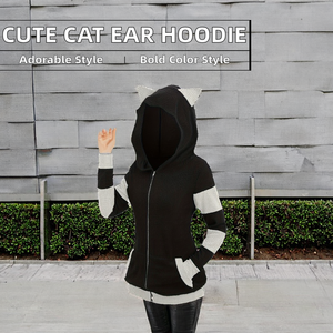 Sweat-shirt à capuche épais en polaire respirant pour femme, avec oreilles de chat, blocs de couleur mignons, fermeture éclair et poches, personnalisable, idéal pour l'automne et l'hiver - Product Image 2