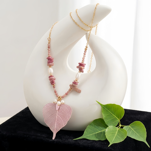 Collar con Colgante <span class=keywords><strong>de</strong></span> Cadena <span class=keywords><strong>de</strong></span> Corazones Chapado en Oro <span class=keywords><strong>de</strong></span> 18K, con Hoja <span class=keywords><strong>de</strong></span> Árbol Bodhi Rosa y Perla Natural, Novedad 2026 - Product Image 2