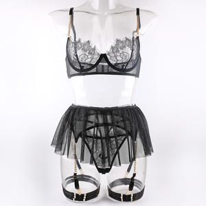 Conjunto de Lencería Sexy para Mujer, con Encaje Negro, Malla, 3 Piezas, Bordado, Tirantes en los Muslos, Cadena Intrincada, Tanga, Sujetador Tipo Bala - Product Image 5