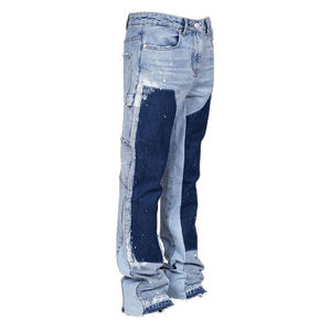 Jeans personnalisés à bords coupés avec patchs, jeans superposés, pantalons en denim baggy à éclaboussures de peinture, jeans évasés vintage pour hommes, mode masculine - Product Image 3