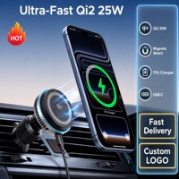 Chargeur de voiture sans fil OEM avec logo personnalisé, Qi2 25W, refroidissement TEC par grille d'aération, emballage personnalisé sous marque privée pour votre entreprise