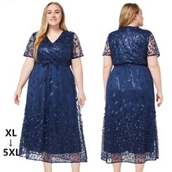 Abito da sera formale scintillante da donna <span class=keywords><strong>taglie</strong></span> <span class=keywords><strong>forti</strong></span>, <span class=keywords><strong>rosso</strong></span>, con paillettes a foglia, in tulle, scollo a V, maniche corte, con laccetto in vita, linea ad A - Product Image 5