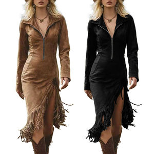 Vestido Midi de Gamuza Estilo Vaquero Vintage para Mujer, con Flecos, Manga Larga, Cuello Solapa, Cierre, Dobladillo Irregular y Corte Ajustado - Product Image 1