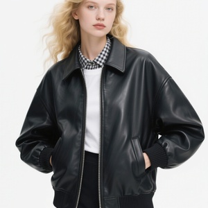 Veste en cuir vegan unisexe surdimensionnée 2025 - Col chemise, fermeture éclair intégrale, bordure côtelée, luxe discret, streetwear rétro |   Personnalisable - Product Image 1