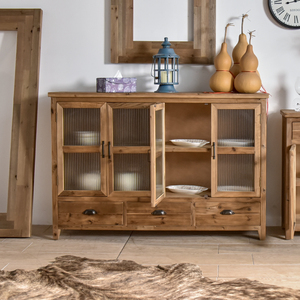 INNOVA Vintage Shabby Chic <b>Rustic</b> Farmhouse Solid Wood Drawer <b>Cabinet</b> Glass Door 3 Drawers Durable Living Room Dining Home - Product Image 2