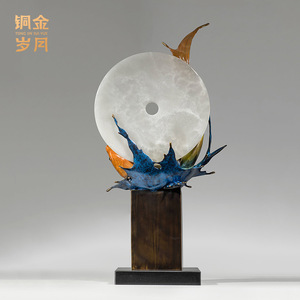 Ornement en laiton Cuivre et Or, Poisson Koi et Lune Lumineuse, pour la décoration intérieure, cadeau de table - Product Image 3