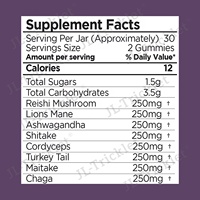 Complément alimentaire en gommes à l'extrait de champignons super-complexes 10 en 1, vegan, biologique, marque privée OEM, 2500 mg, Lion's Mane, Reishi et Chaga