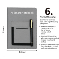 Agenda Inteligente con Banco de Energía de 8000 mAh, Cuaderno con IA, Cargador Inalámbrico, Soporte para Teléfono, Bloc de Notas Digital, Regalo Corporativo