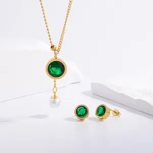 Conjunto De Jóias De Aço Inoxidável Colar Estilo Multi-Vestindo Rodada Esmeralda Zircão Birthstone Ajustável Colar Para Meninas Senhora