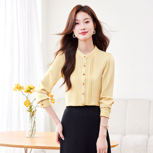 Women's Yellow Chiffon Blouse Long Sleeve <b>Button</b> Front Office Wear Solid Color Polyester Top - Product Image 1
