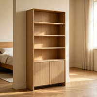 Bibliothèque en bois de chêne massif à 2 portes, étagères ouvertes, sans poignées, style nordique minimaliste, pour salon, bureau à domicile