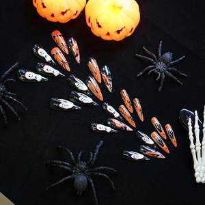 Mode longue amande cercueil faux ongles en boîte <span class=keywords><strong>Halloween</strong></span> <span class=keywords><strong>Orange</strong></span> fantôme chauve-souris araignée faux ongles avec colle presse sur les ongles pour les femmes - Product Image 2