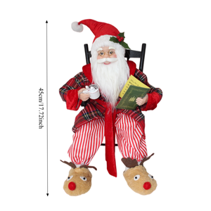 Figura de Papá Noel Navideño con Libro y Taza de Té, Túnica a Cuadros Roja y Pantuflas de Reno, Linda Decoración para el Hogar o Escritorio - Product Image 4