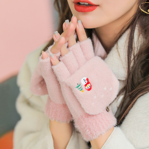 Autumn Winter Women's Half Finger Wrist-Length Nylon Flip Knitted <strong>Gloves</strong> <strong>Cute</strong> Korean Style Student Cold-proof Touchscreen - Product Image 2