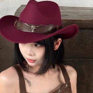 Sombrero Vaquero Occidental de Ala Ancha, de Lana, Color Sólido, con Hebilla de Cabeza de Toro, Unisex, Plegable, para Primavera y Otoño - Product Image 5