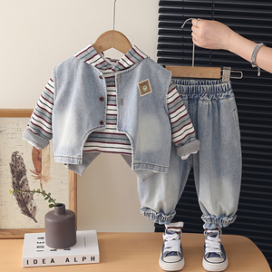 Offre Spéciale – Ensemble 3 Pièces Confortable en Jean Rayé pour Garçons : Gilet, Veste et Chemise à Manches Longues – Logo Personnalisable – Idéal Printemps-Automne Décontracté - Product Image 3